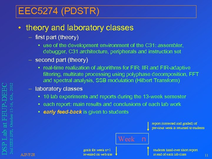 EEC 5274 (PDSTR) • theory and laboratory classes – first part (theory) • use