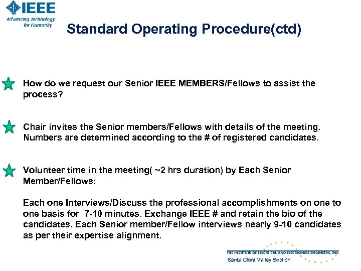 Standard Operating Procedure(ctd) How do we request our Senior IEEE MEMBERS/Fellows to assist the