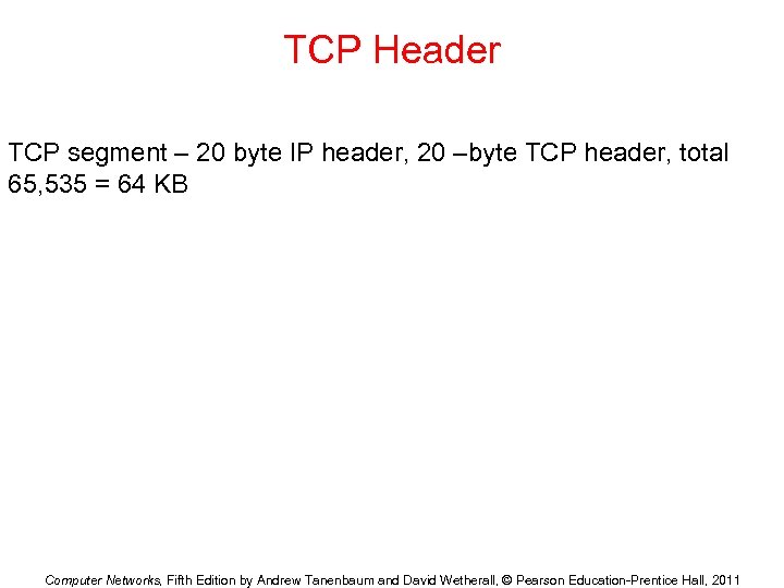 TCP Header TCP segment – 20 byte IP header, 20 –byte TCP header, total