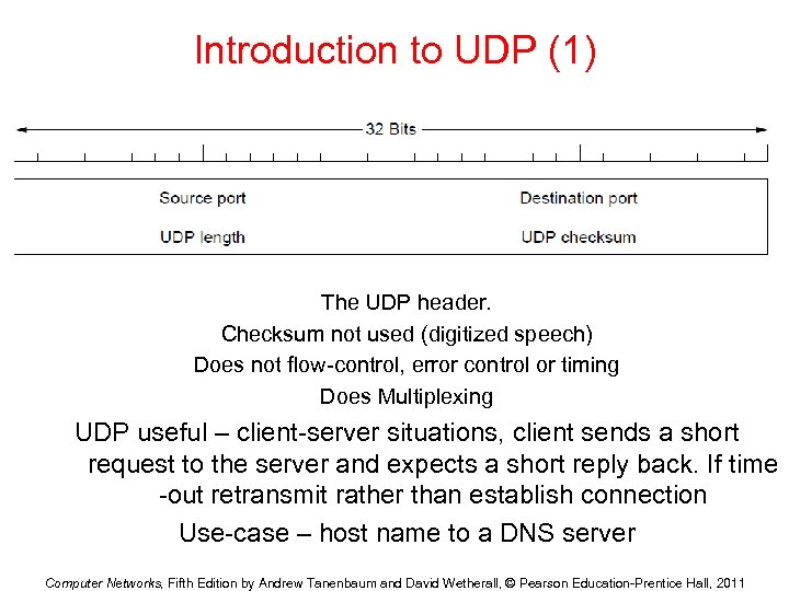 Introduction to UDP (1) The UDP header. Checksum not used (digitized speech) Does not