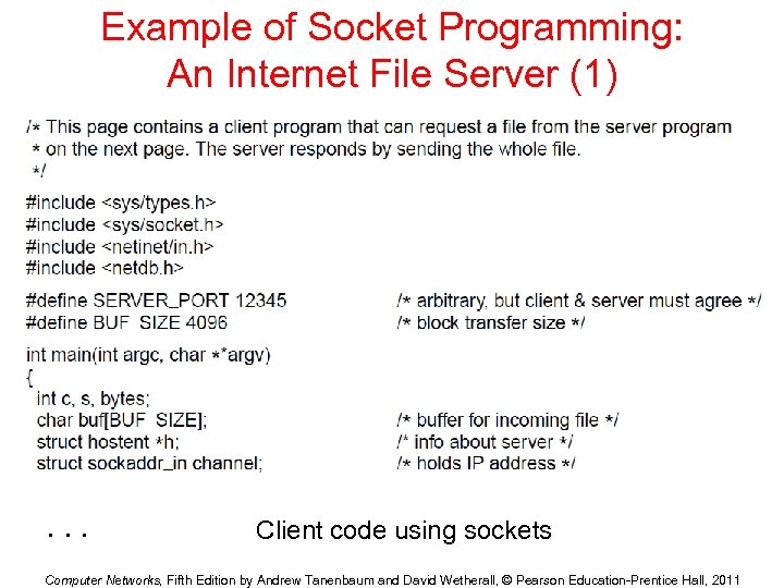 Example of Socket Programming: An Internet File Server (1) . . . Client code