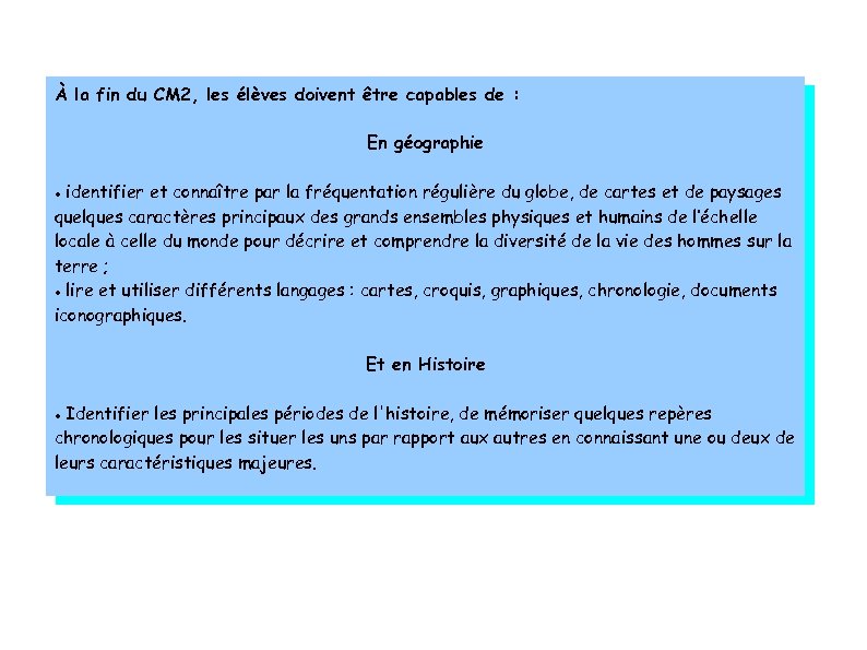 À la fin du CM 2, les élèves doivent être capables de : En