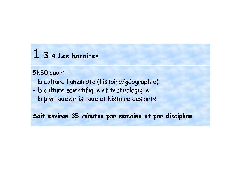 1. 3. 4 Les horaires 5 h 30 pour: - la culture humaniste (histoire/géographie)