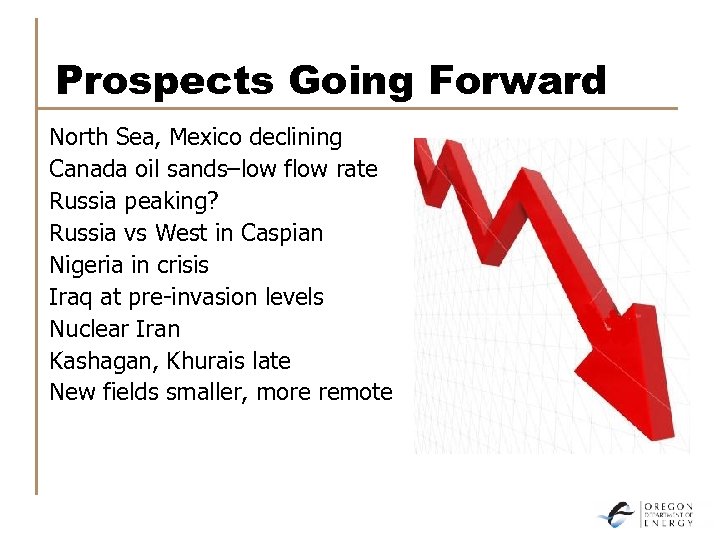 Prospects Going Forward North Sea, Mexico declining Canada oil sands–low flow rate Russia peaking?