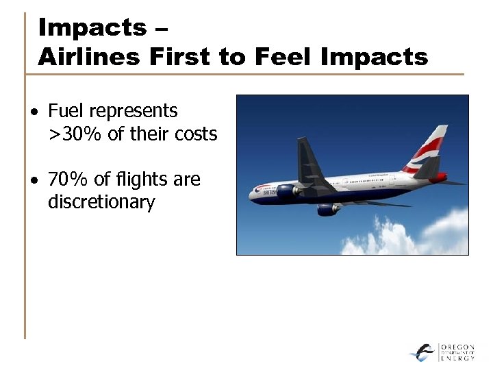 Impacts – Airlines First to Feel Impacts · Fuel represents >30% of their costs