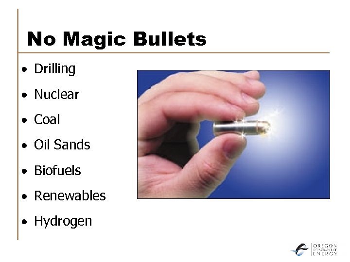 No Magic Bullets · Drilling · Nuclear · Coal · Oil Sands · Biofuels