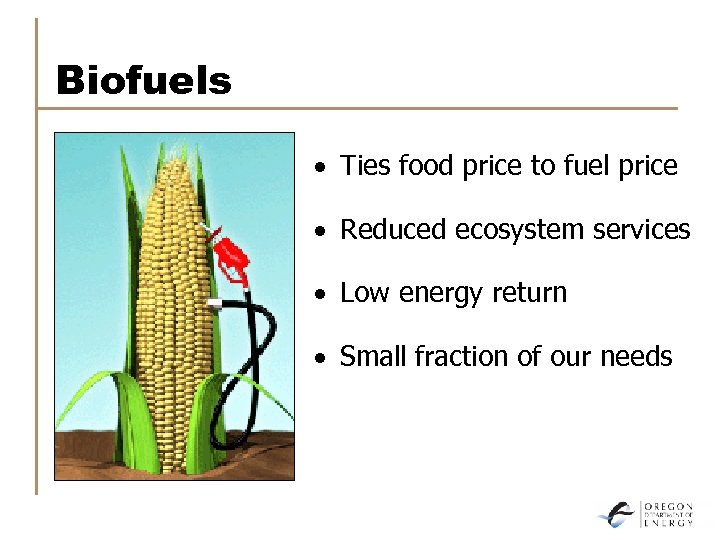 Biofuels · Ties food price to fuel price · Reduced ecosystem services · Low