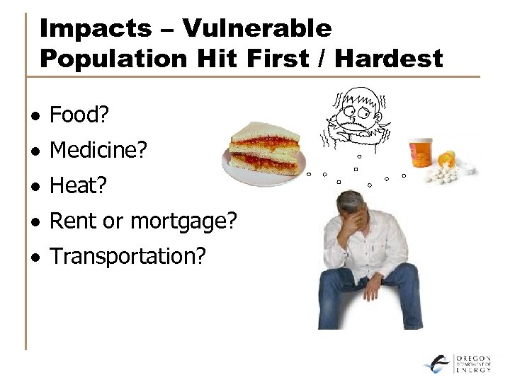 Impacts – Vulnerable Population Hit First / Hardest · Food? · Medicine? · Heat?