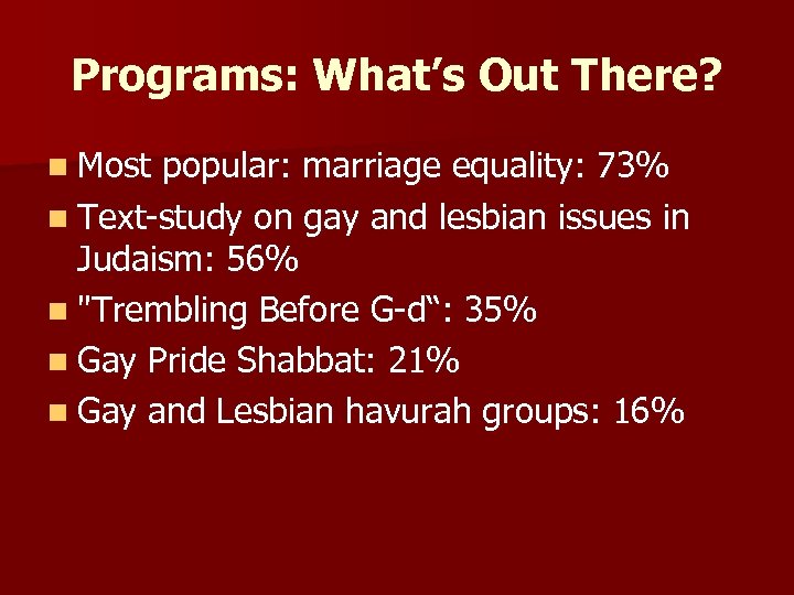 Programs: What’s Out There? n Most popular: marriage equality: 73% n Text-study on gay