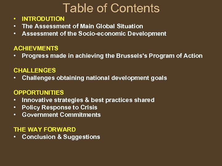 Table of Contents • INTRODUTION • The Assessment of Main Global Situation • Assessment
