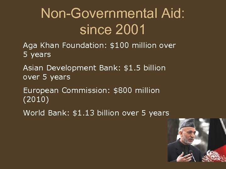 Non-Governmental Aid: since 2001 Aga Khan Foundation: $100 million over 5 years Asian Development