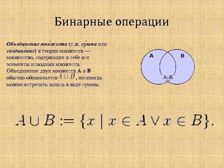 Бинарные операции Объединение мно жеств (т. ж. су мма или соедине ние) в теории