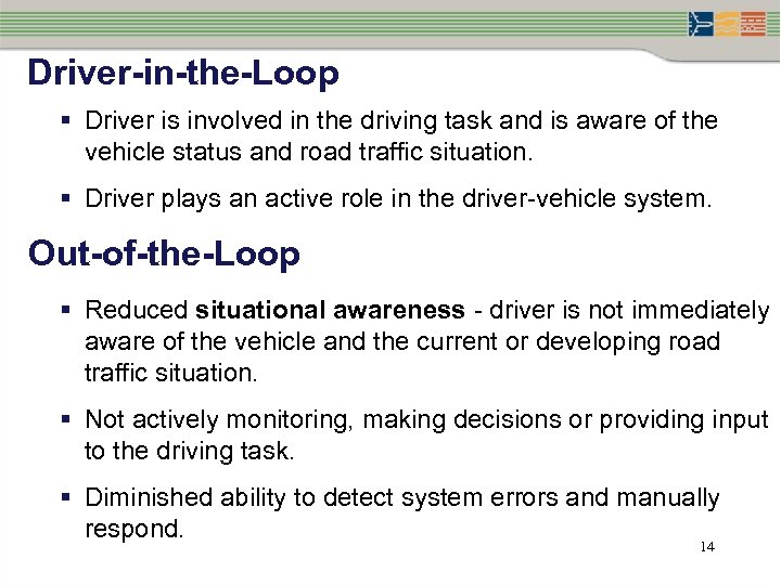 Driver-in-the-Loop § Driver is involved in the driving task and is aware of the