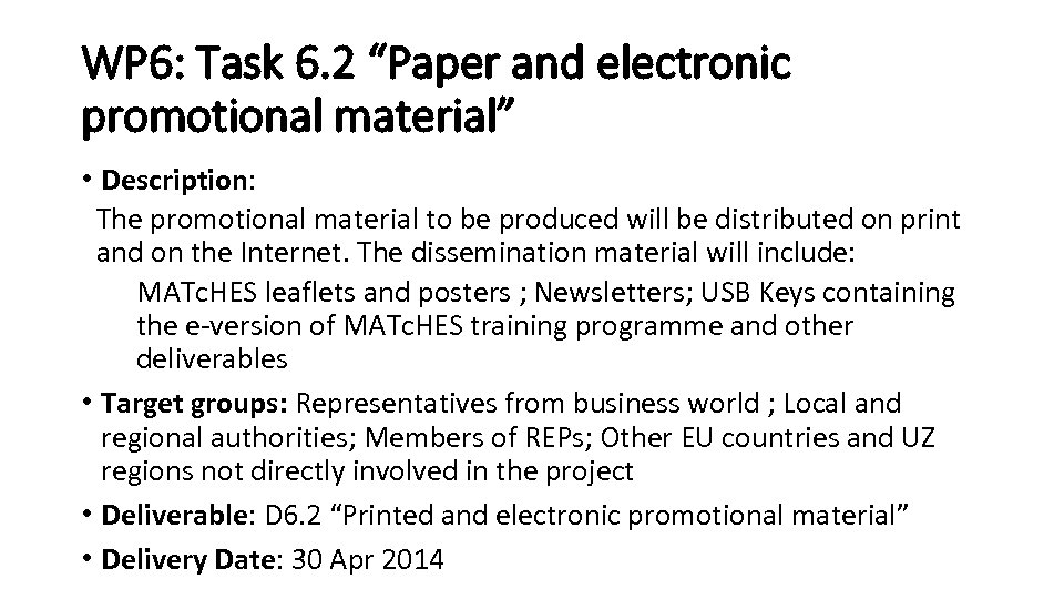 WP 6: Task 6. 2 “Paper and electronic promotional material” • Description: The promotional