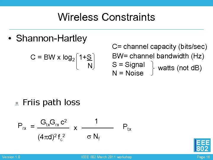 Wireless Constraints • Shannon-Hartley C= channel capacity (bits/sec) BW= channel bandwidth (Hz) S =