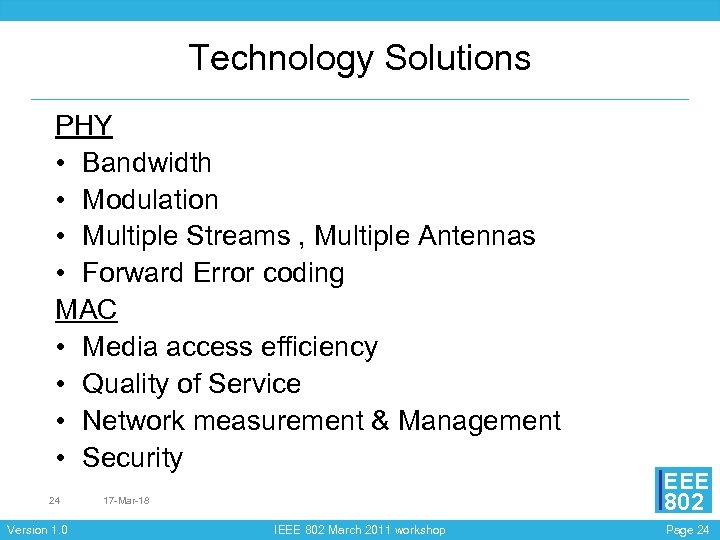 Technology Solutions PHY • Bandwidth • Modulation • Multiple Streams , Multiple Antennas •