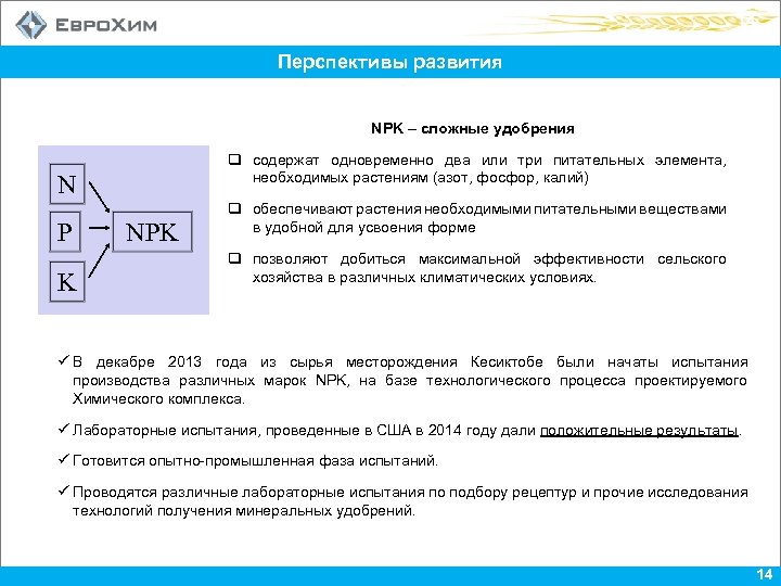 14 Перспективы развития NPK – cложные удобрения q содержат одновременно два или три питательных