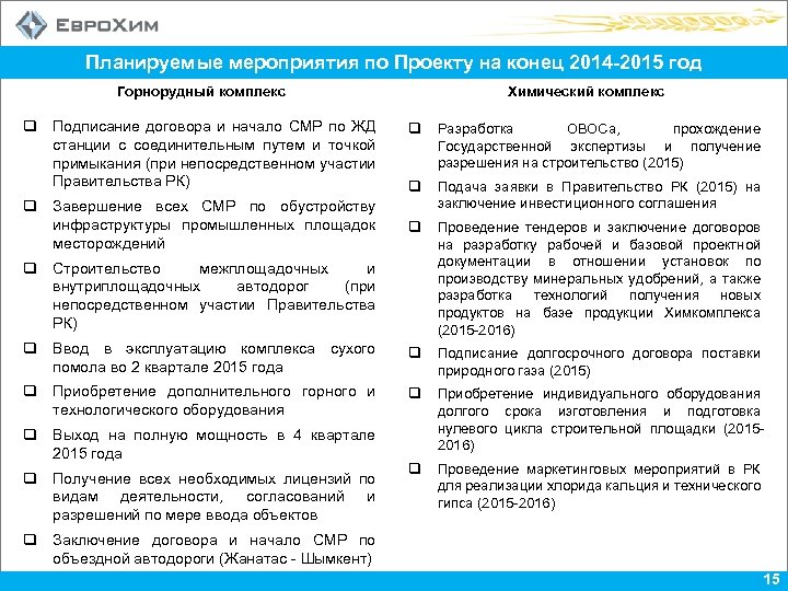 Планируемые мероприятия по Проекту на конец 2014 -2015 год Горнорудный комплекс q Подписание договора