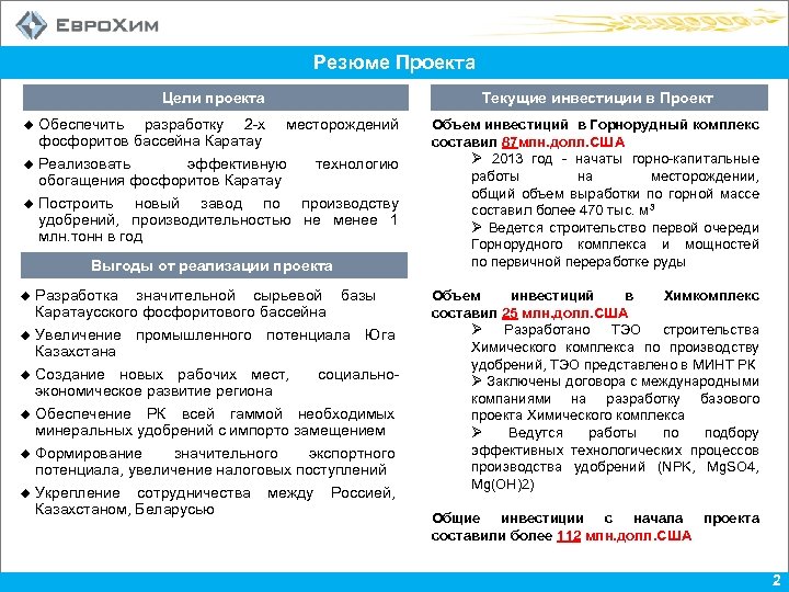 Резюме Проекта Цели проекта Текущие инвестиции в Проект Обеспечить разработку 2 -х месторождений фосфоритов