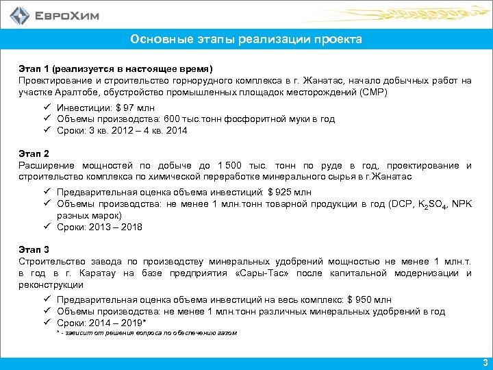 Основные этапы реализации проекта Этап 1 (реализуется в настоящее время) Проектирование и строительство горнорудного