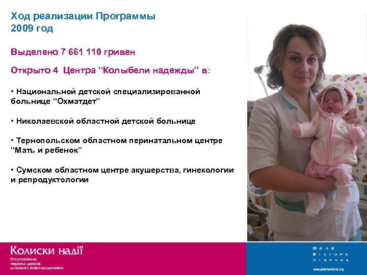 Ход реализации Программы 2009 год Выделено 7 661 110 гривен Открыто 4 Центра “Колыбели