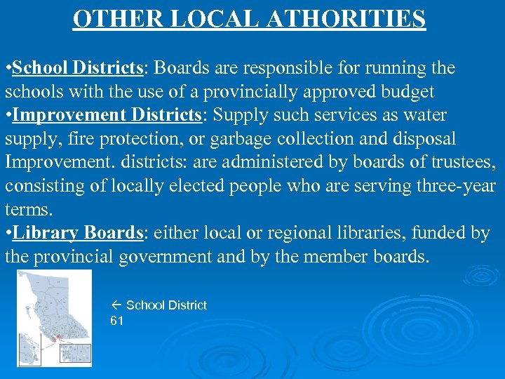 OTHER LOCAL ATHORITIES • School Districts: Boards are responsible for running the schools with