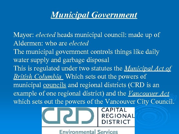 Municipal Government Mayor: elected heads municipal council: made up of Aldermen: who are elected