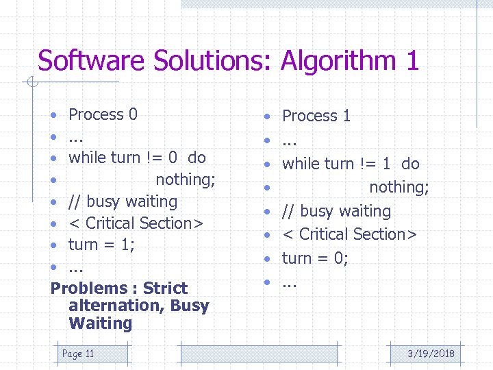 Software Solutions: Algorithm 1 Process 0. . . while turn != 0 do nothing;