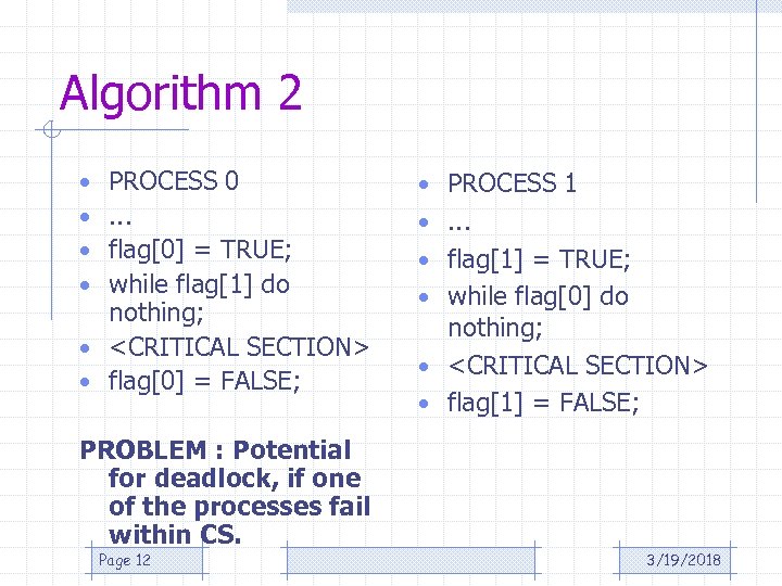 Algorithm 2 PROCESS 0. . . flag[0] = TRUE; while flag[1] do nothing; •