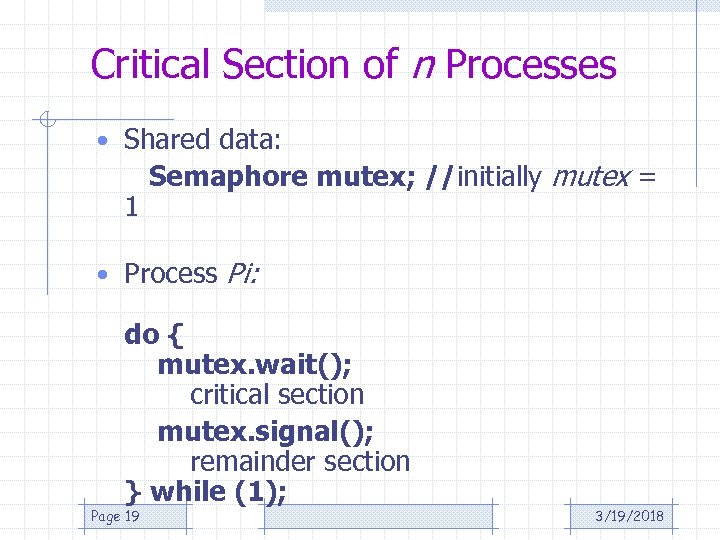 Critical Section of n Processes • Shared data: 1 Semaphore mutex; //initially mutex =