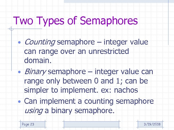 Two Types of Semaphores • Counting semaphore – integer value can range over an