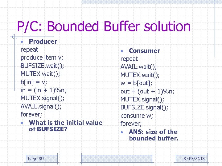 P/C: Bounded Buffer solution Producer repeat produce item v; BUFSIZE. wait(); MUTEX. wait(); b[in]