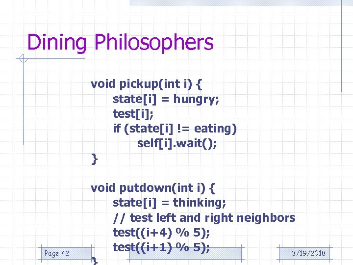 Dining Philosophers void pickup(int i) { state[i] = hungry; test[i]; if (state[i] != eating)