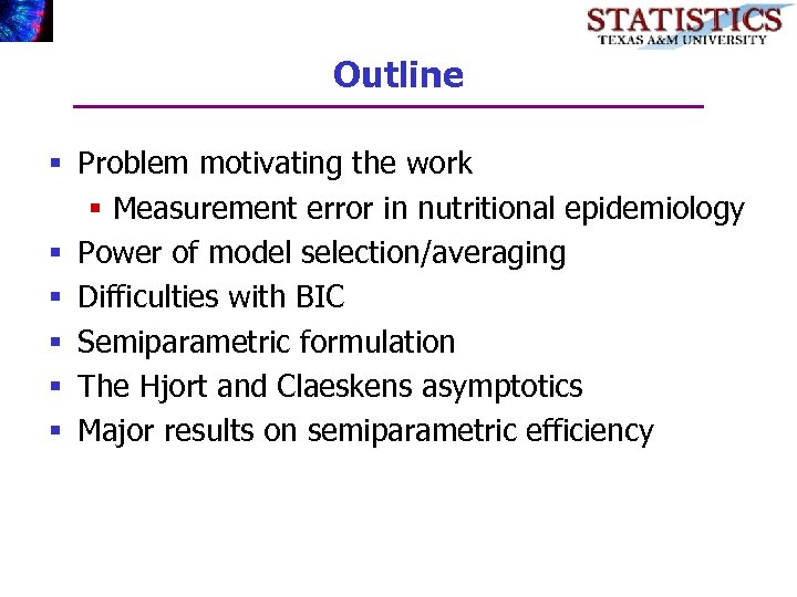 Outline § Problem motivating the work § Measurement error in nutritional epidemiology § Power