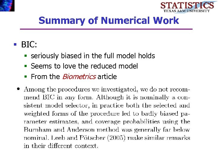 Summary of Numerical Work § BIC: § seriously biased in the full model holds