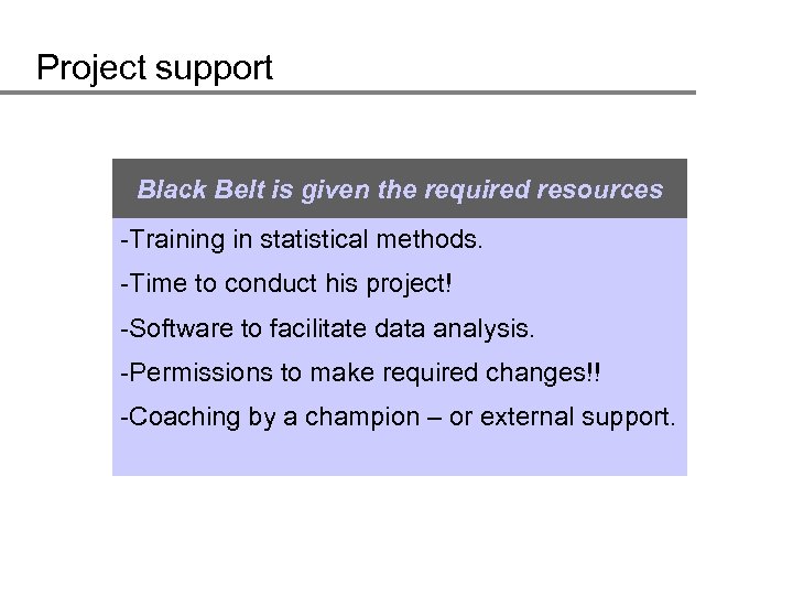 Project support Black Belt is given the required resources -Training in statistical methods. -Time