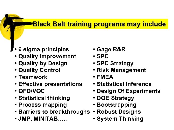 Black Belt training programs may include • 6 sigma principles • Quality Improvement •