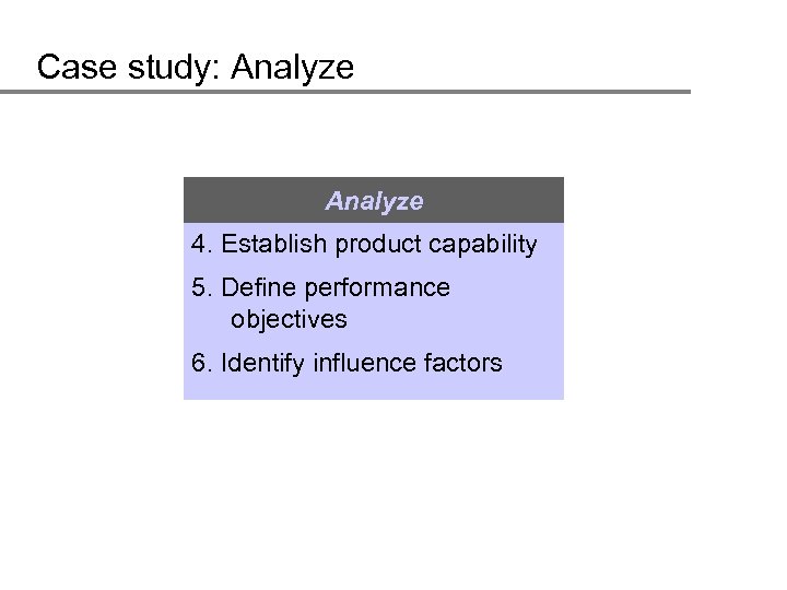 Case study: Analyze 4. Establish product capability 5. Define performance objectives 6. Identify influence