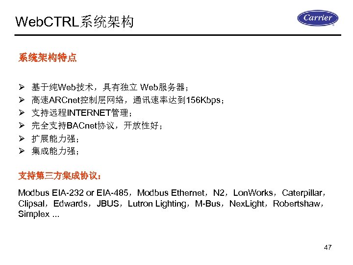 Web. CTRL系统架构特点 Ø Ø Ø 基于纯Web技术，具有独立 Web服务器； 高速ARCnet控制层网络，通讯速率达到 156 Kbps； 支持远程INTERNET管理； 完全支持BACnet协议，开放性好； 扩展能力强； 集成能力强；