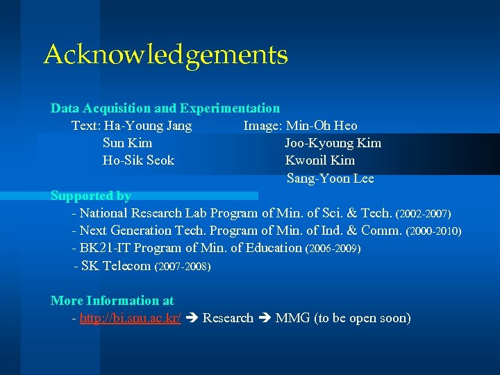 Acknowledgements Data Acquisition and Experimentation Text: Ha-Young Jang Image: Min-Oh Heo Sun Kim Joo-Kyoung