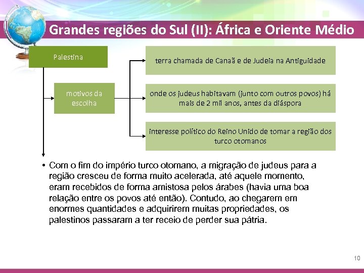 Grandes regiões do Sul (II): África e Oriente Médio Palestina motivos da escolha terra