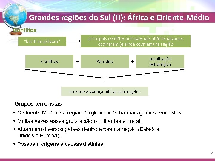 Grandes regiões do Sul (II): África e Oriente Médio Conflitos principais conflitos armados das