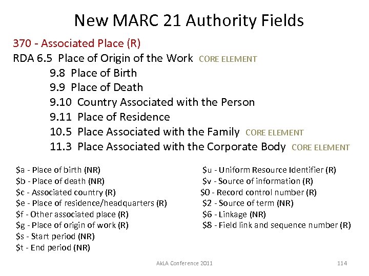 New MARC 21 Authority Fields 370 - Associated Place (R) RDA 6. 5 Place