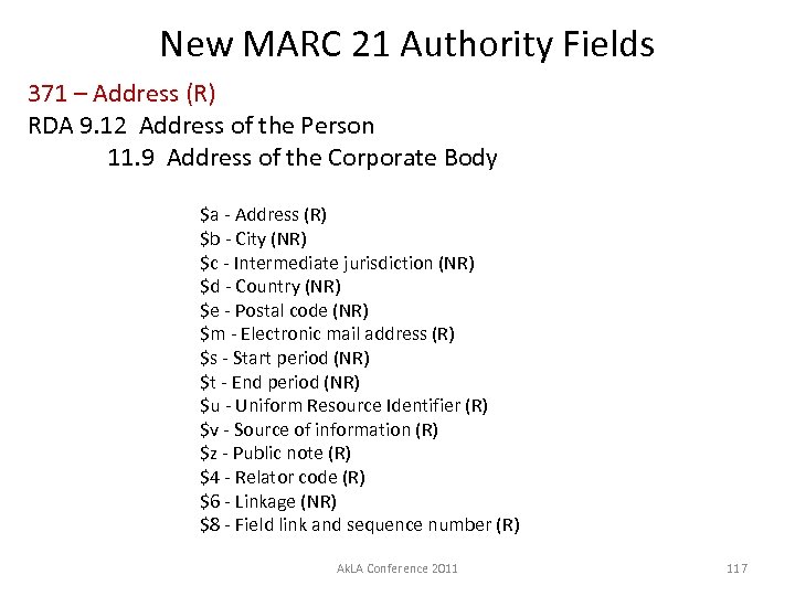 New MARC 21 Authority Fields 371 – Address (R) RDA 9. 12 Address of