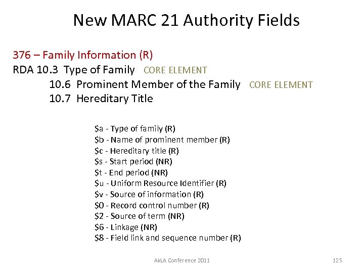 New MARC 21 Authority Fields 376 – Family Information (R) RDA 10. 3 Type