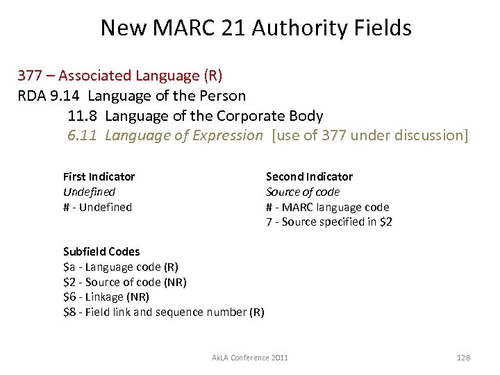 New MARC 21 Authority Fields 377 – Associated Language (R) RDA 9. 14 Language