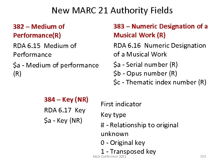 New MARC 21 Authority Fields 382 – Medium of Performance(R) RDA 6. 15 Medium