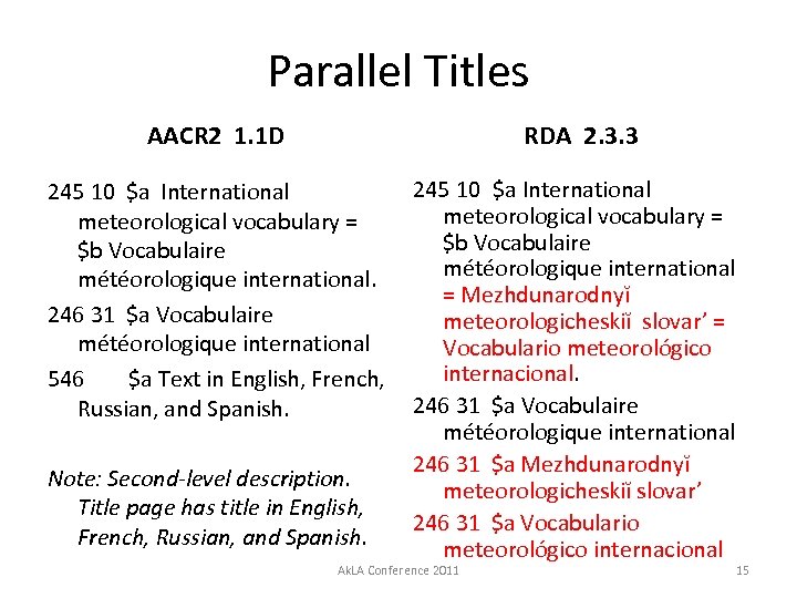 Parallel Titles AACR 2 1. 1 D RDA 2. 3. 3 245 10 $a