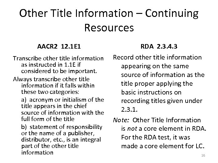 Other Title Information – Continuing Resources AACR 2 12. 1 E 1 Transcribe other