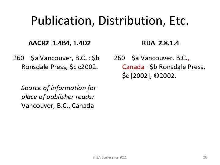 Publication, Distribution, Etc. AACR 2 1. 4 B 4, 1. 4 D 2 RDA